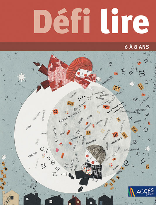 Deux enfants entourés de mots jouent sur la lune sur la couverture de l’ouvrage Défi Lire publié par Accès Éditions.