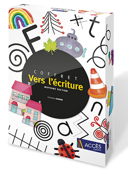 Coffret pédagogique Vers l'écriture moyenne section publié par Accès Éditions illustré avec les images des activités proposées.