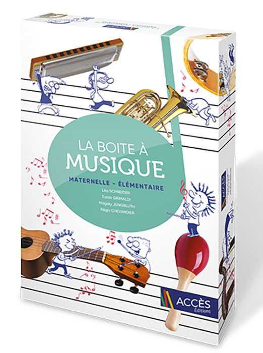 Des dessins d'enfant interagissent avec de vrais instruments de musique sur le coffret pédagogique La Boite à Musique.