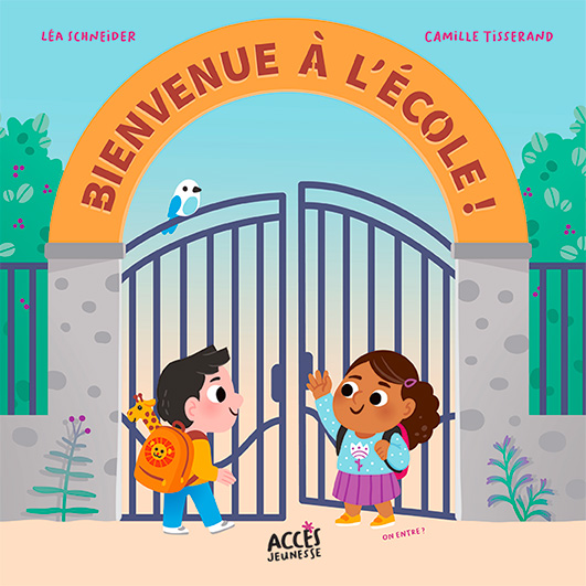 Couverture du livre jeunesse Bienvenue à l'école illustrée par deux enfants qui se saluent devant le portail de l'école.