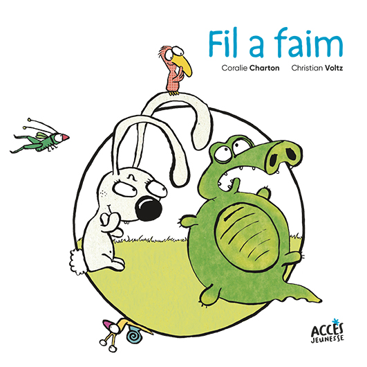 Couverture de l'album Fil a faim issu de la série Fil et Lulu d'Accès Jeunesse, illustrée par Fil le crocodile gonflé comme un ballon et Lulu la lapine.
